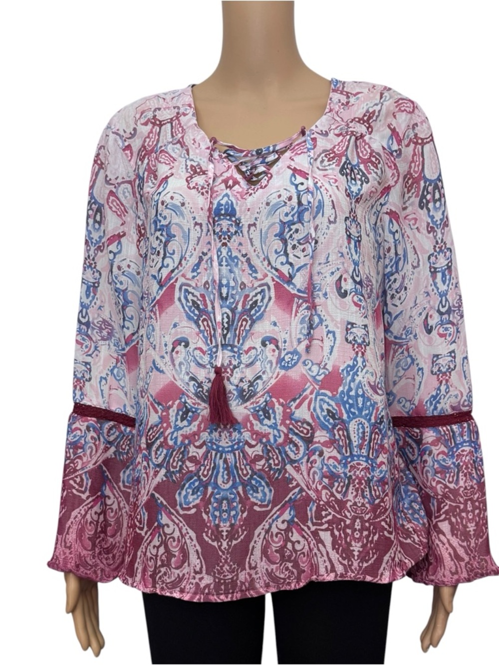 Fred David Pink and Blue Paisley Lace-Up Tunic long sleeve top size M